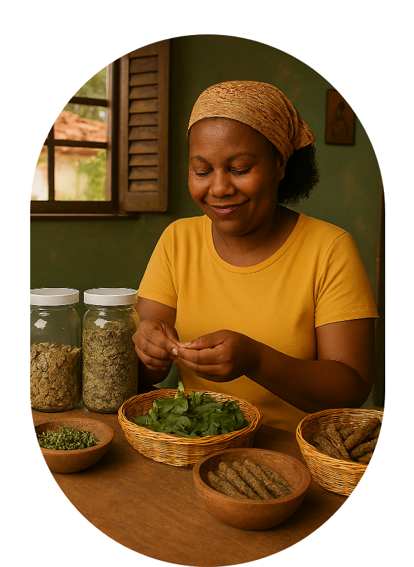 Imagem representando uma senhora trabalhando com ervas em processos fitoterápicos